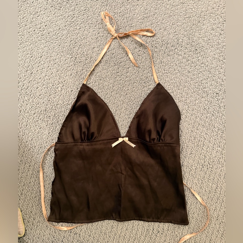 Satin Brown Halter Slip Top with Pale Pink Ties
